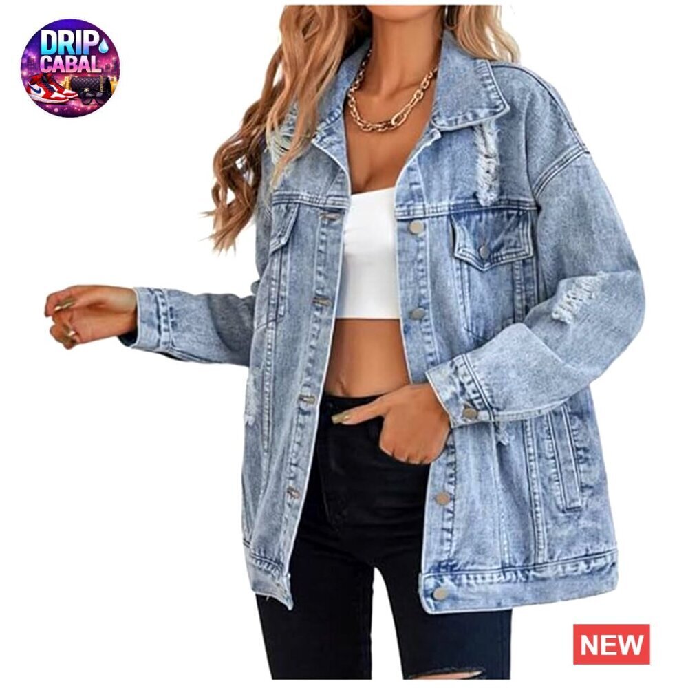 Oversized Boyfriend Denim Jacket Ripped Distressed Vintage Y2K Chic Casual